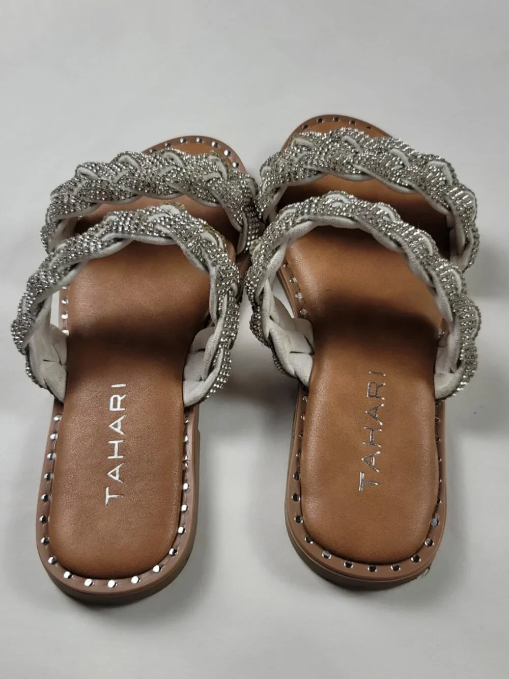 Tahari Rhinestone Braided Slide Sandals Girls Size 2 Tan Sparkly Dress Sandals